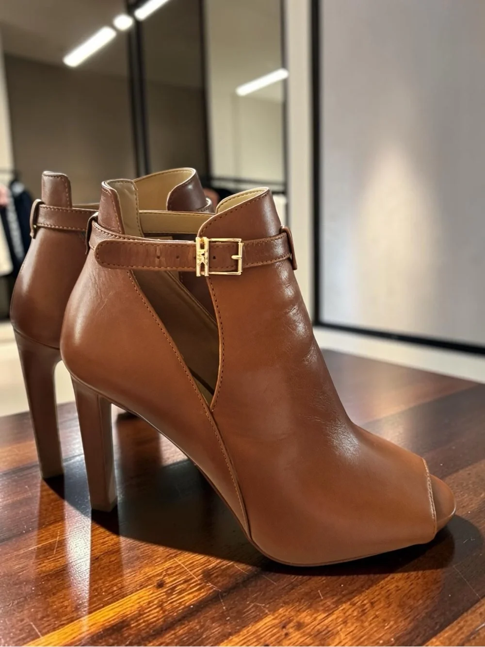 Michael Kors Lawson Open Toe Heeled Booties Brown Leather Size 7.5